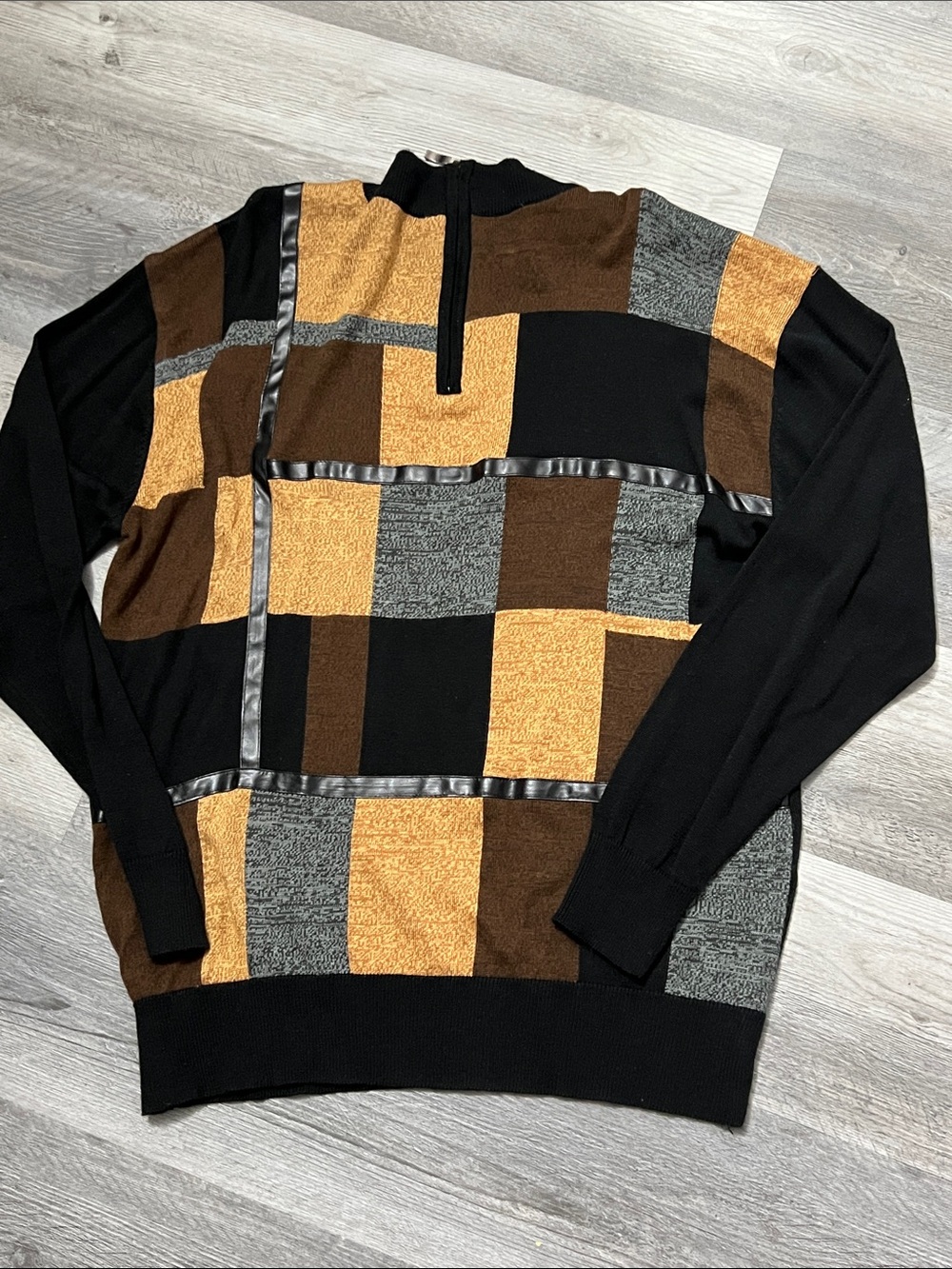 Men's Zip-Up Geometric Patchwork Sweater - Black/Gold/Brown
